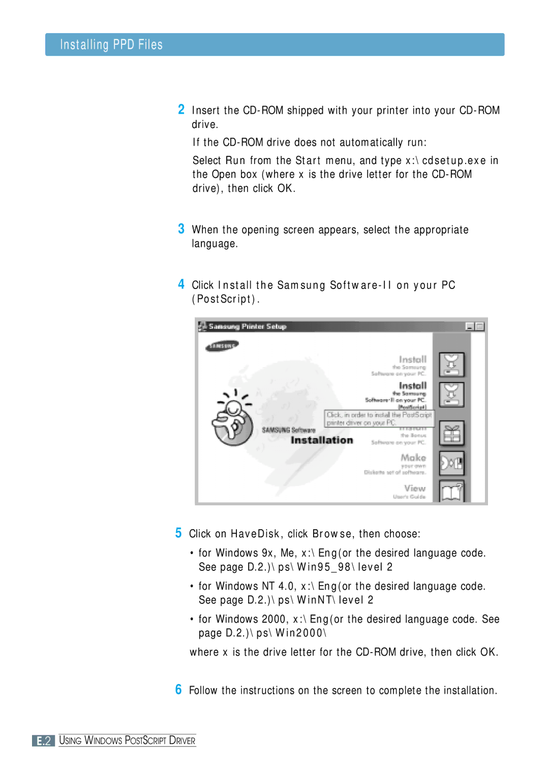 Samsung ML-1651N, ML-1650 manual Installing PPD Files, Click on HaveDisk, click Browse, then choose 