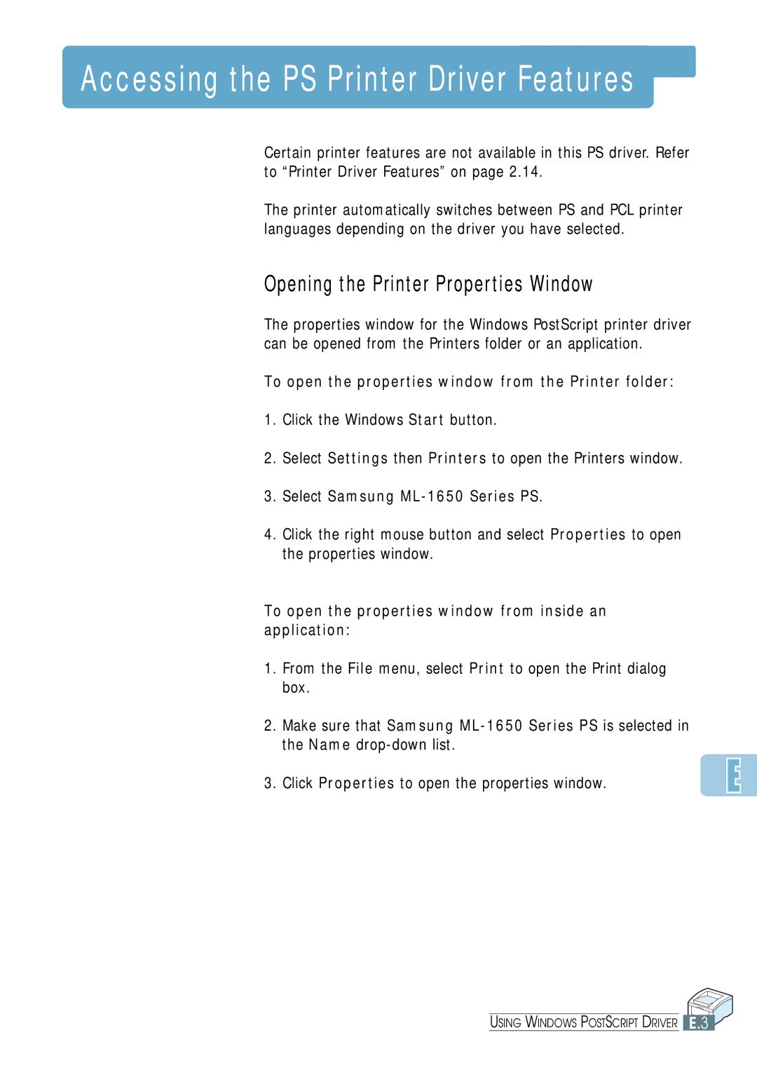 Samsung ML-1650, ML-1651N manual Accessing the PS Printer Driver Features, Click Properties to open the properties window 