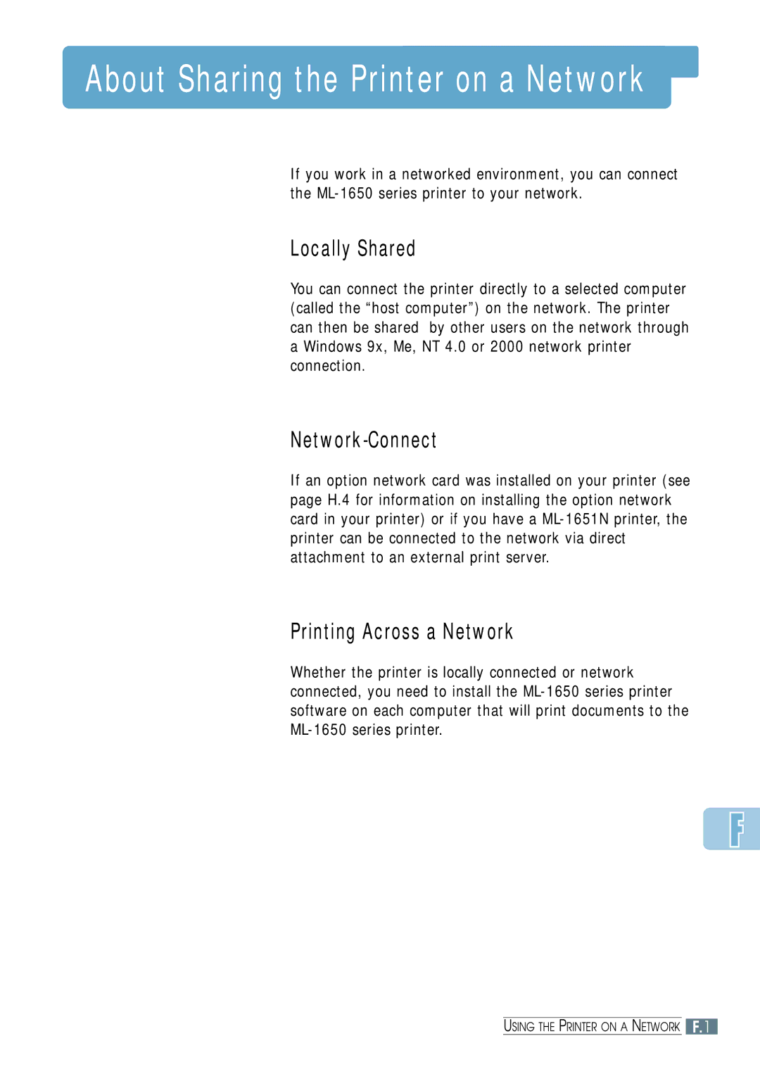 Samsung ML-1650, ML-1651N manual About Sharing the Printer on a Network 