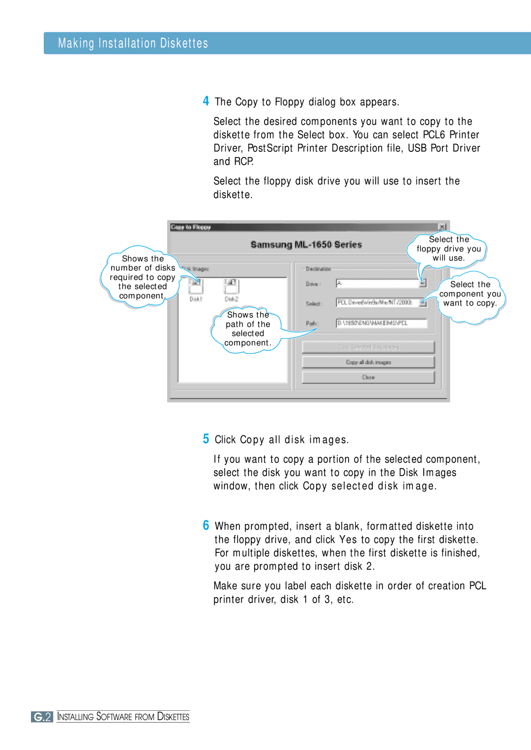 Samsung ML-1651N, ML-1650 manual Making Installation Diskettes, Click Copy all disk images 