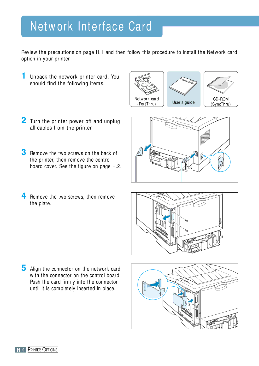 Samsung ML-1651N, ML-1650 manual Network Interface Card, Remove the two screws, then remove the plate 