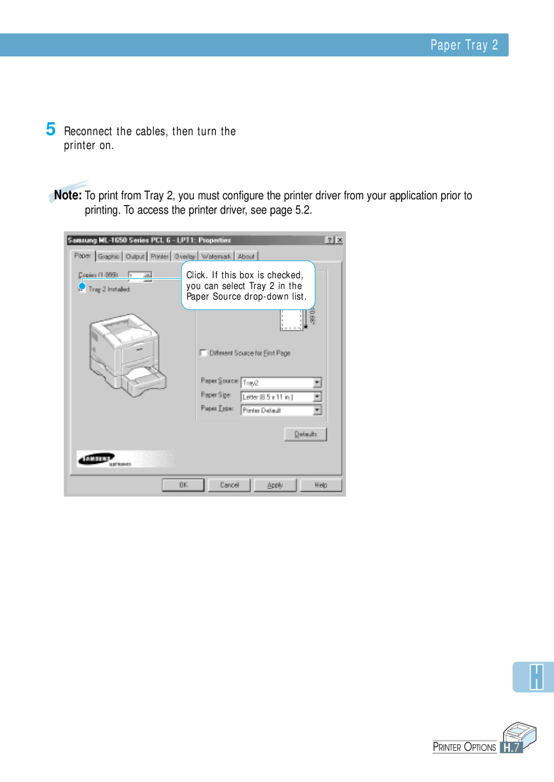 Samsung ML-1650, ML-1651N manual Paper Tray, Reconnect the cables, then turn the printer on 