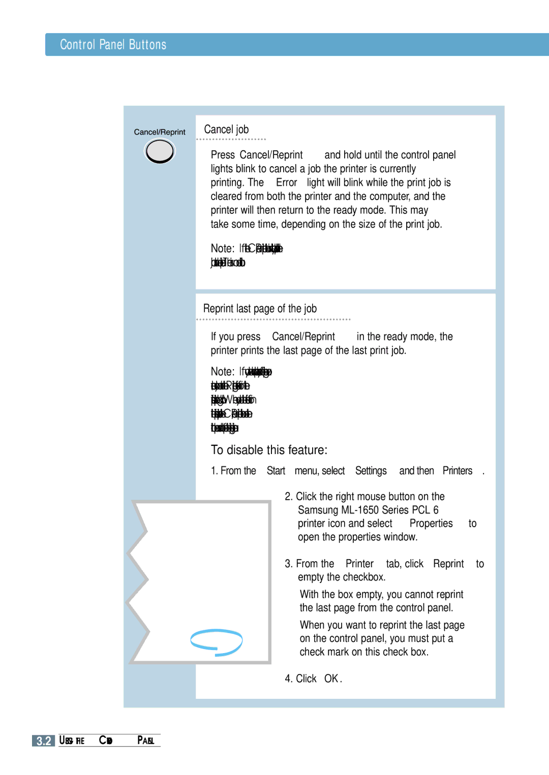 Samsung ML-1651N, ML-1650 manual Control Panel Buttons, To disable this feature, Cancel job, Reprint last page of the job 