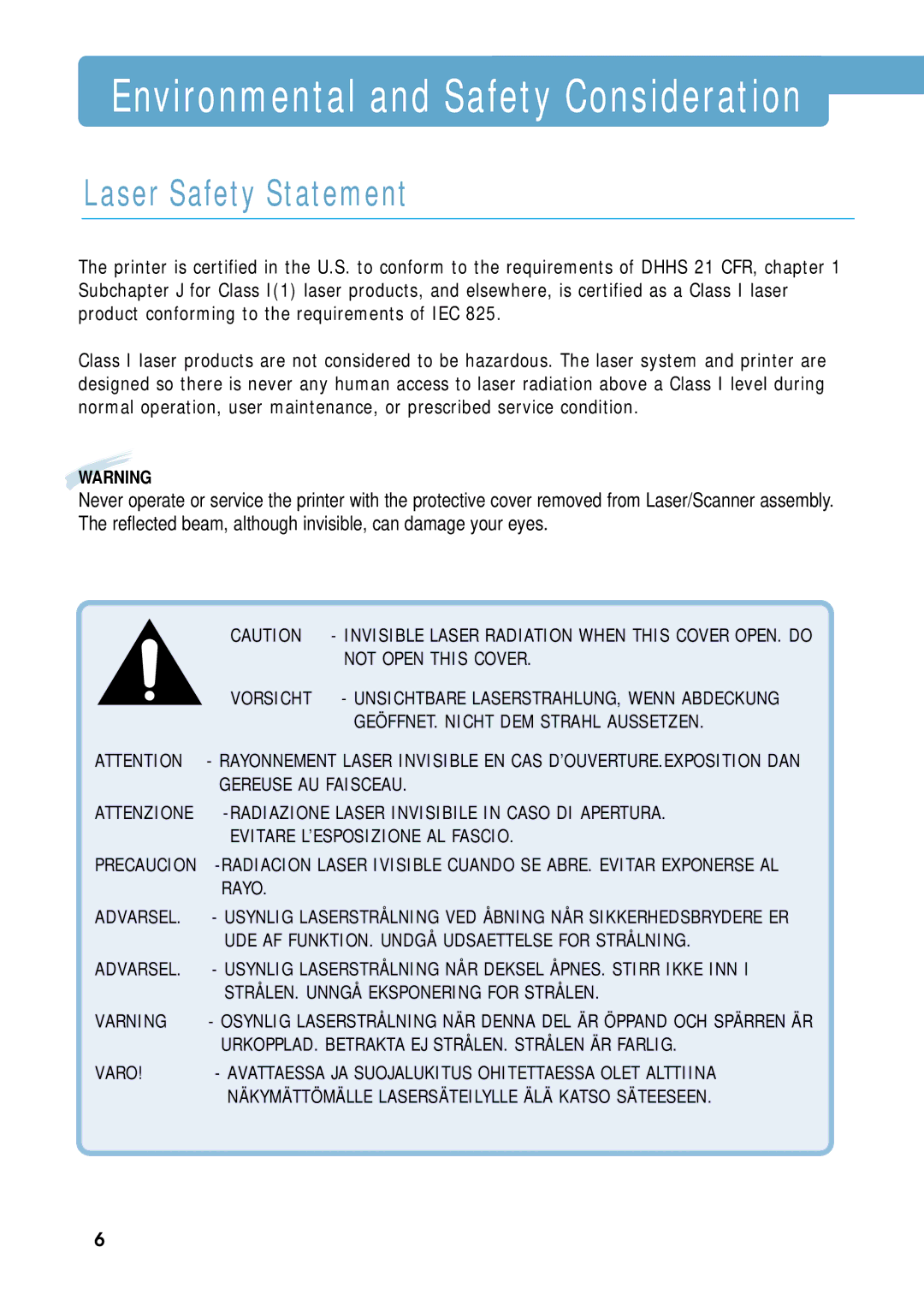 Samsung ML-1651N, ML-1650 manual Environmental and Safety Consideration, Laser Safety Statement 