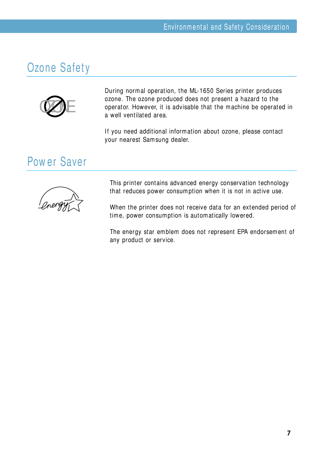 Samsung ML-1650, ML-1651N manual Ozone Safety, Environmental and Safety Consideration 