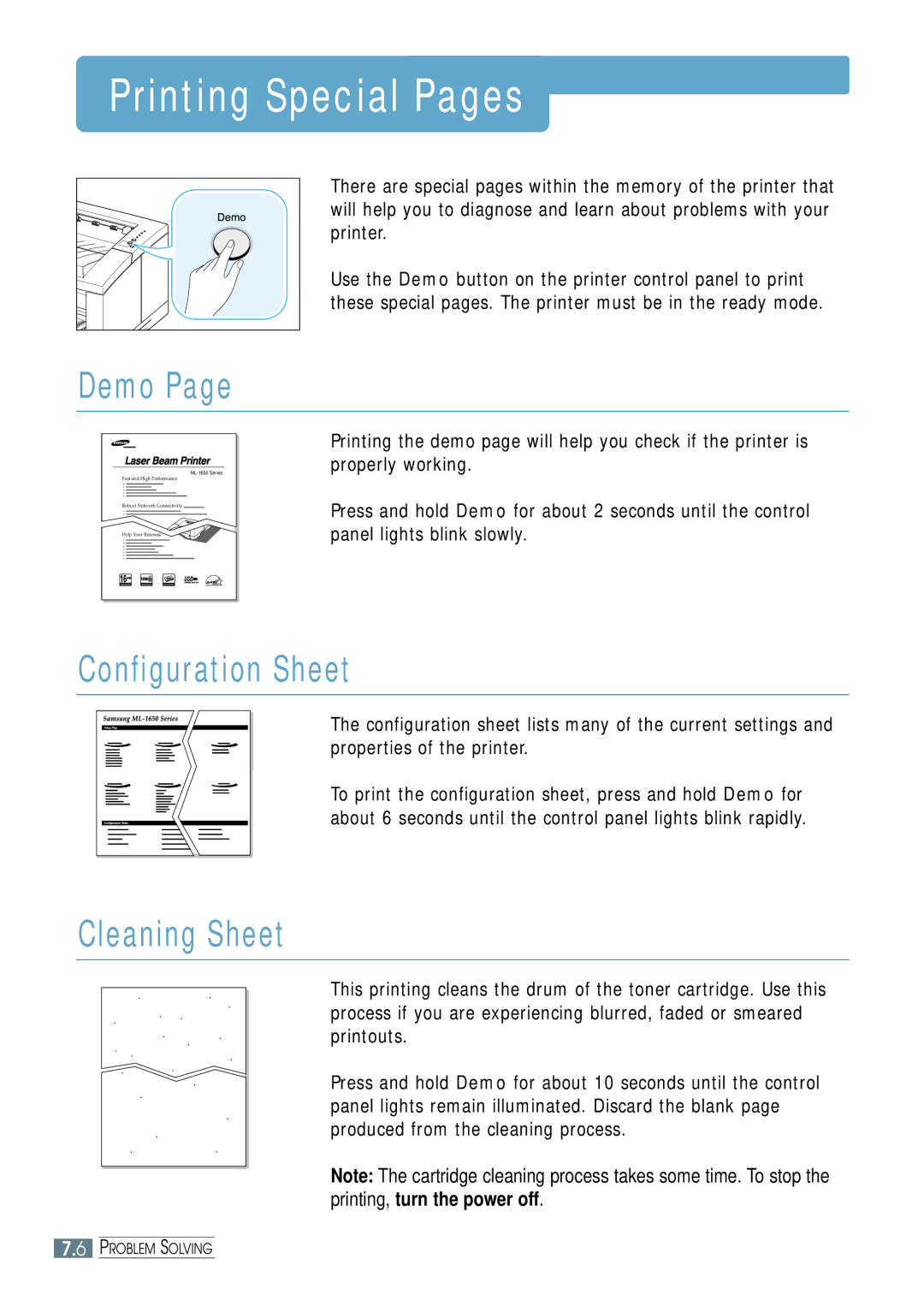 Samsung ML-1651N, ML-1650 manual Printing Special Pages, Demo, Configuration Sheet, Cleaning Sheet 