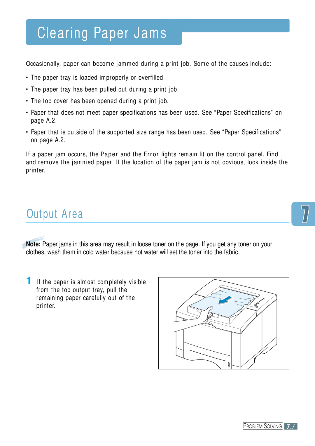 Samsung ML-1650, ML-1651N manual Clearing Paper Jams, Output Area 