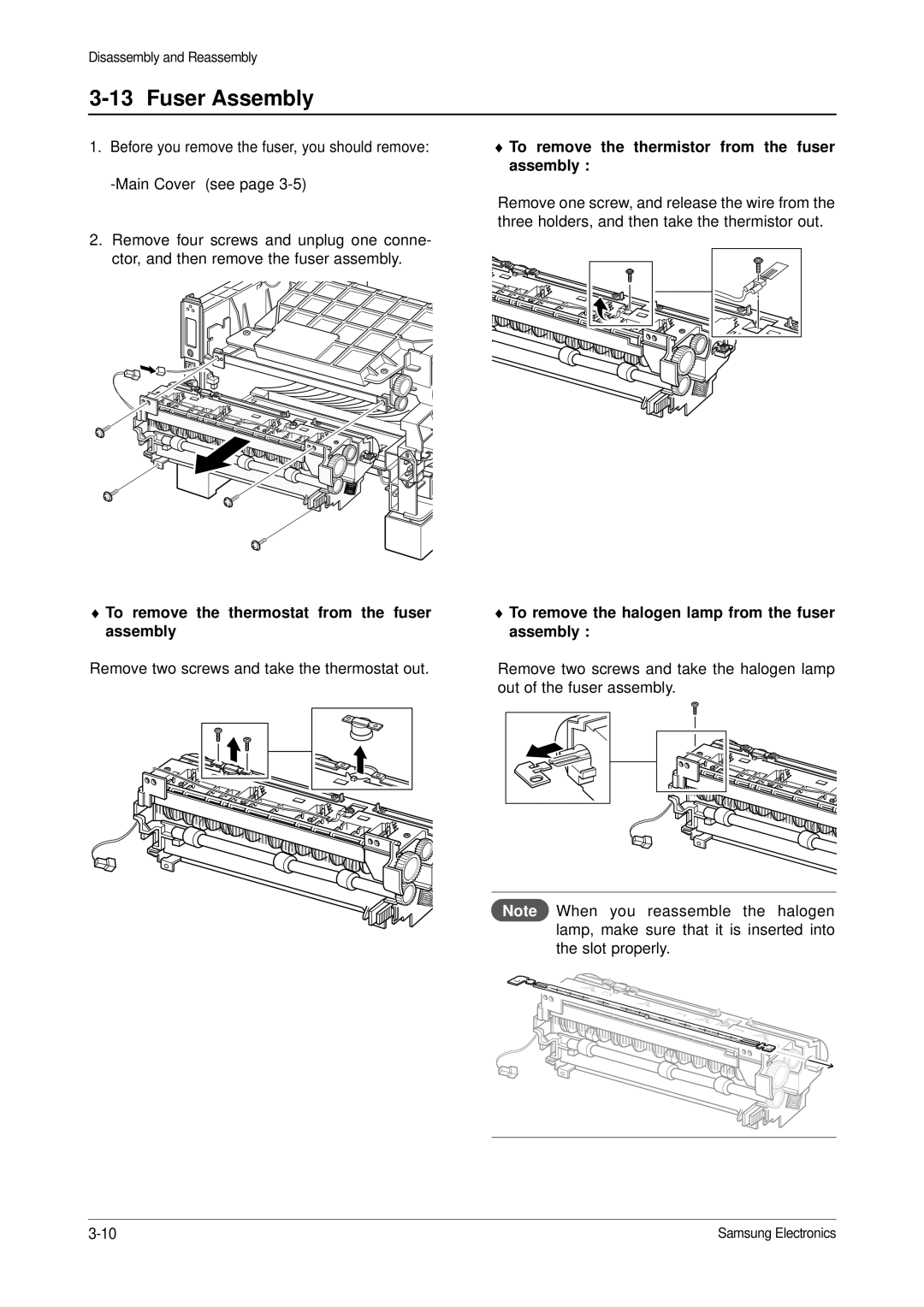 Samsung ML-1650, ML-1651N specifications Fuser Assembly, To remove the thermistor from the fuser assembly 