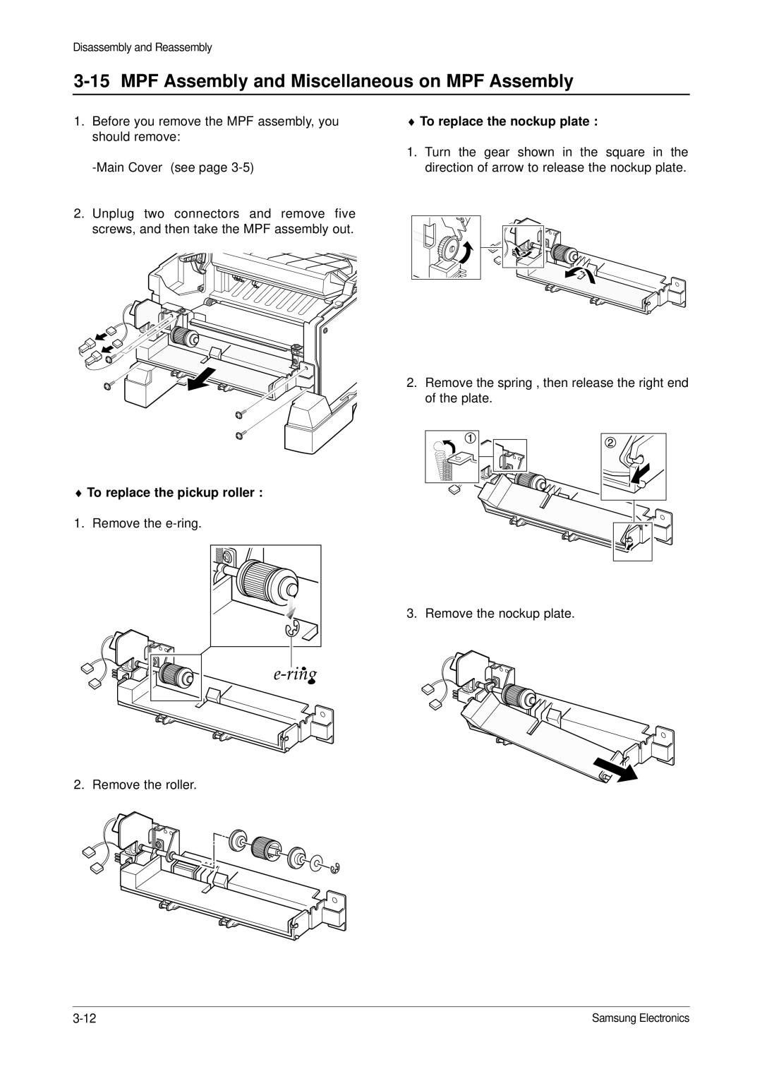 Samsung ML-1650 MPF Assembly and Miscellaneous on MPF Assembly, To replace the nockup plate, To replace the pickup roller 