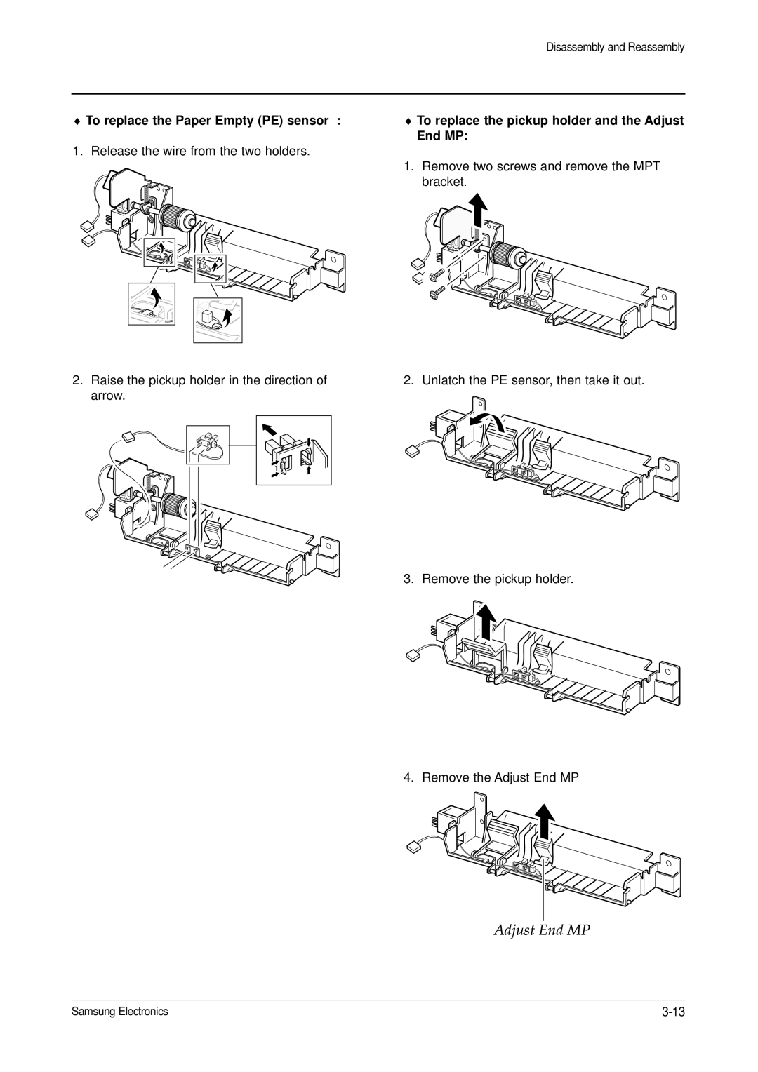 Samsung ML-1651N, ML-1650 To replace the Paper Empty PE sensor, To replace the pickup holder and the Adjust End MP 