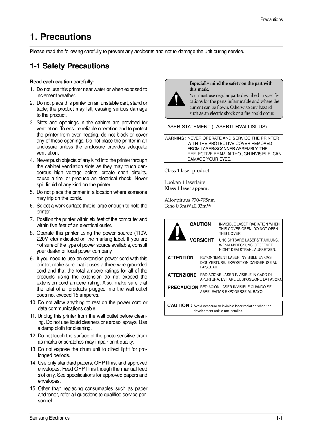 Samsung ML-1650, ML-1651N specifications Safety Precautions, Read each caution carefully 