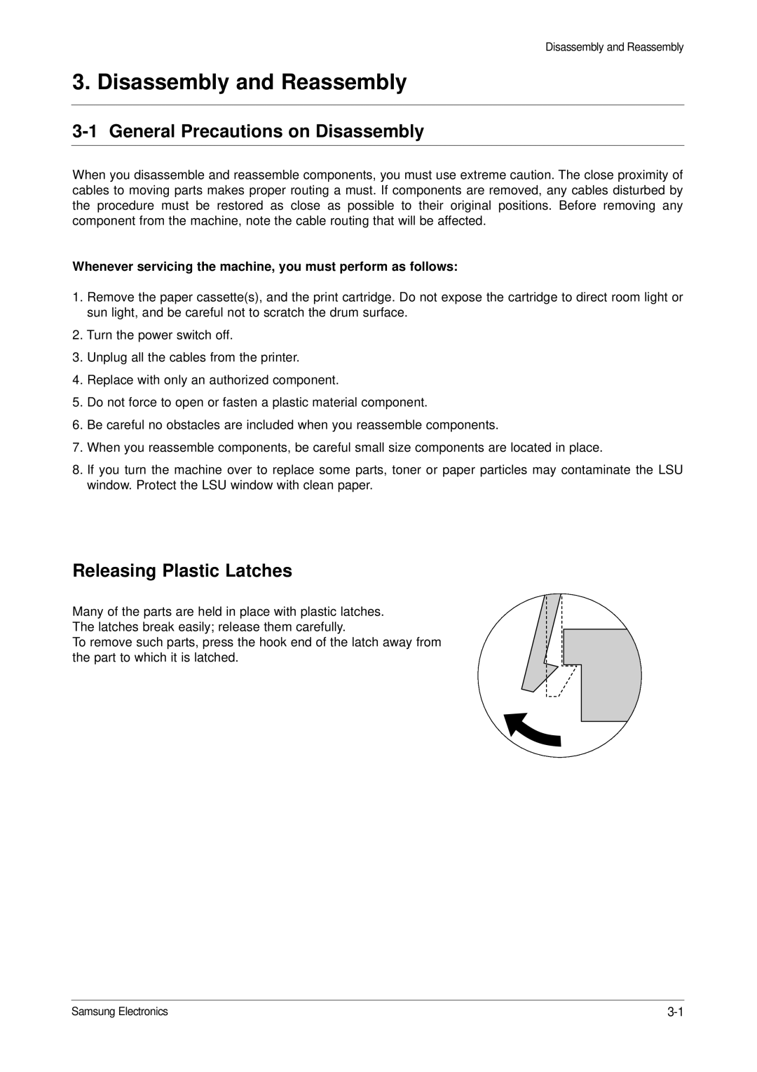 Samsung ML-1651N, ML-1650 specifications General Precautions on Disassembly, Releasing Plastic Latches 