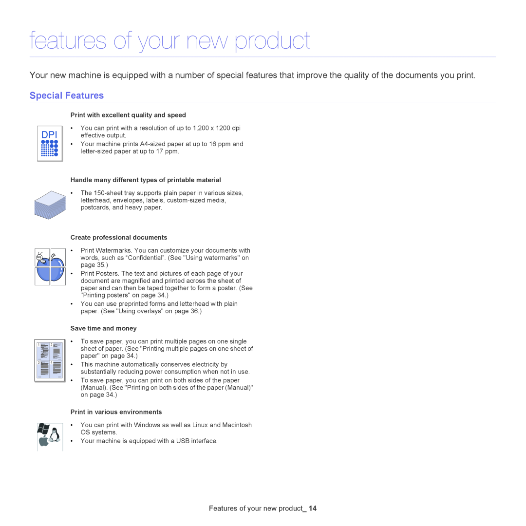 Samsung ML-167X manual features of your new product, Special Features, Features of your new product, Save time and money 
