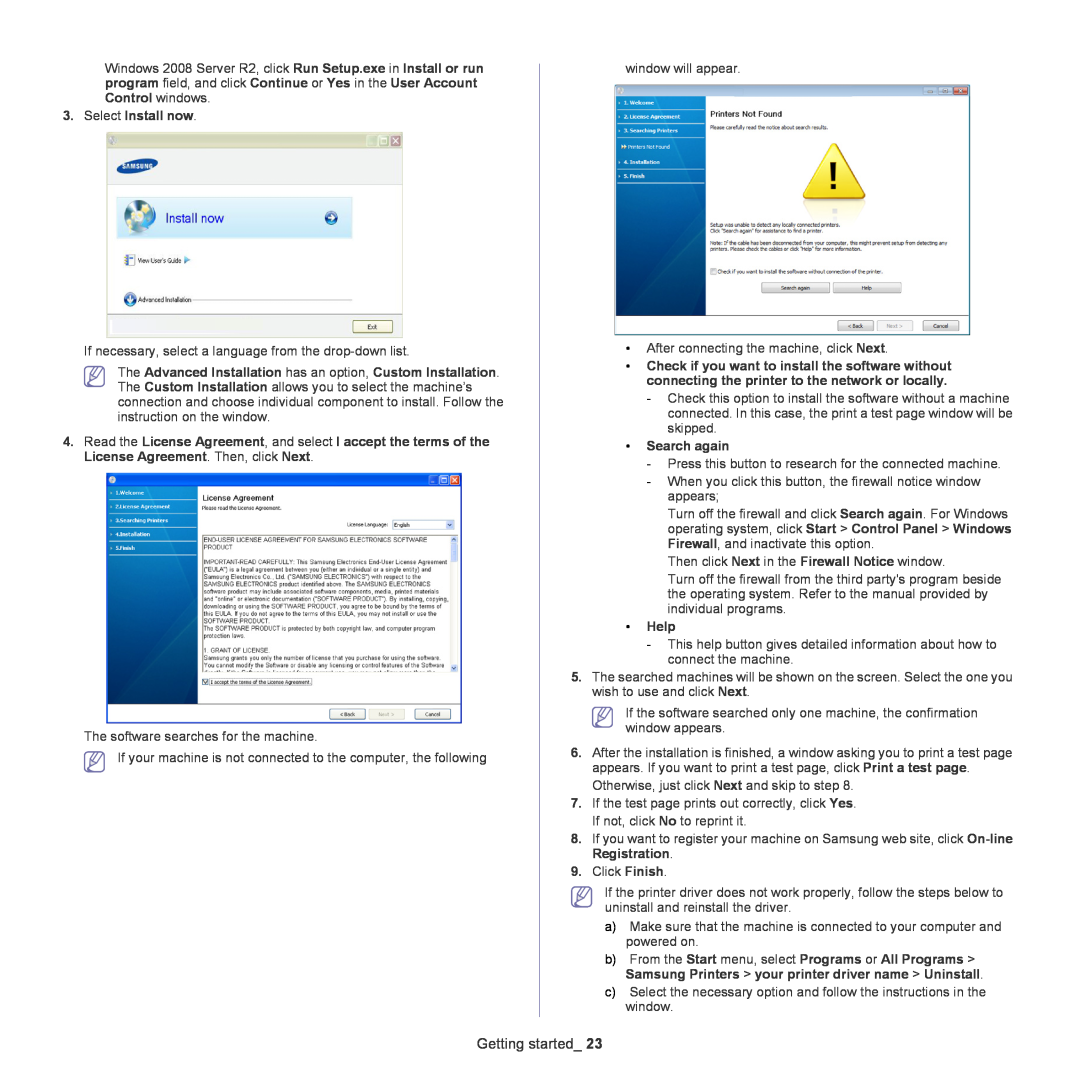 Samsung ML-167X manual Getting started, Select Install now, Search again, Help 