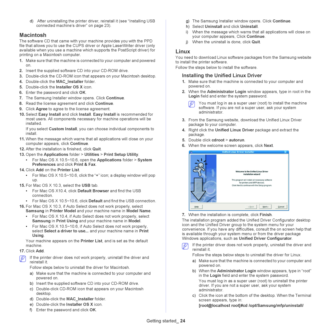 Samsung ML-167X manual Macintosh, Linux, Getting started, Open the Applications folder Utilities Print Setup Utility 