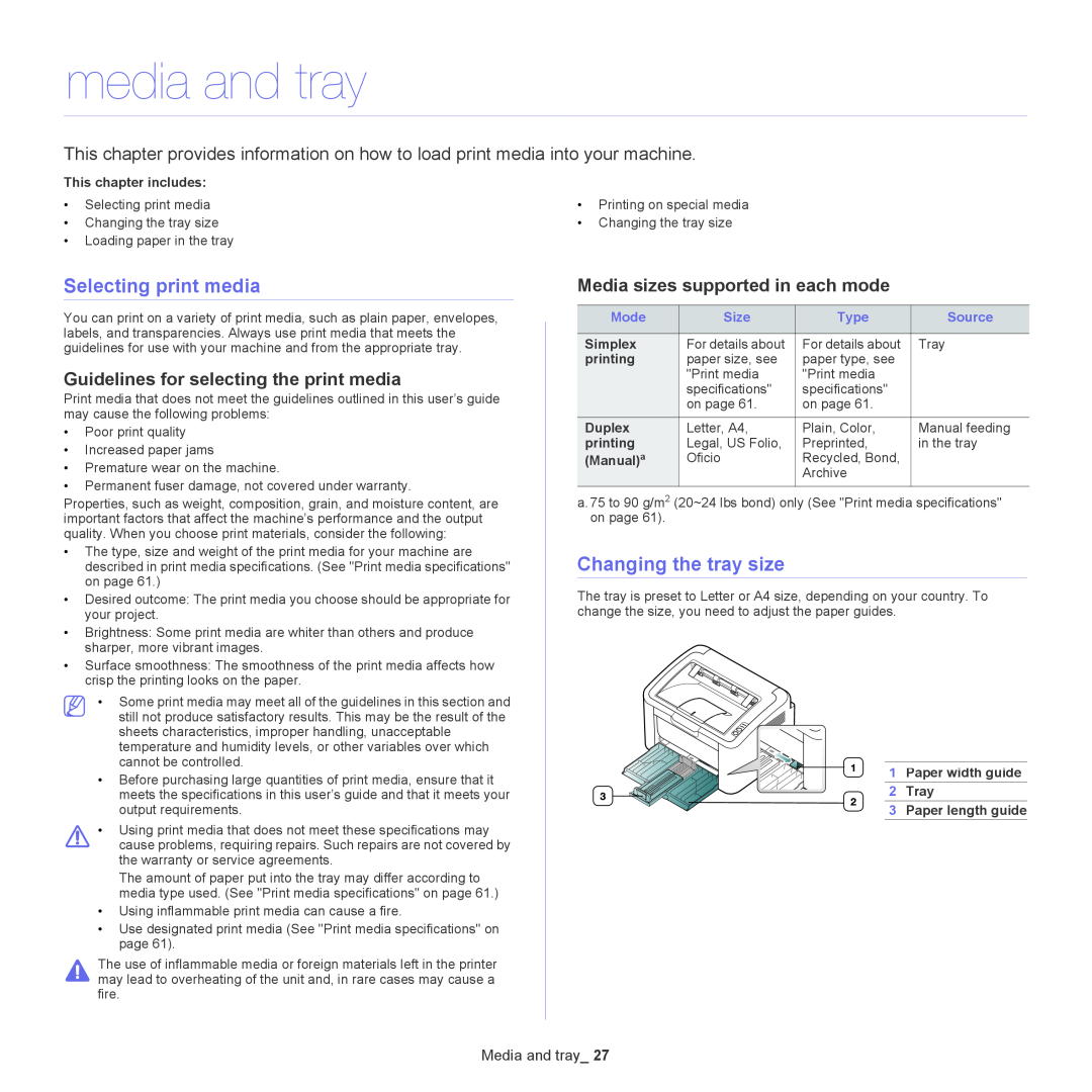 Samsung ML-167X media and tray, Selecting print media, Changing the tray size, Guidelines for selecting the print media 
