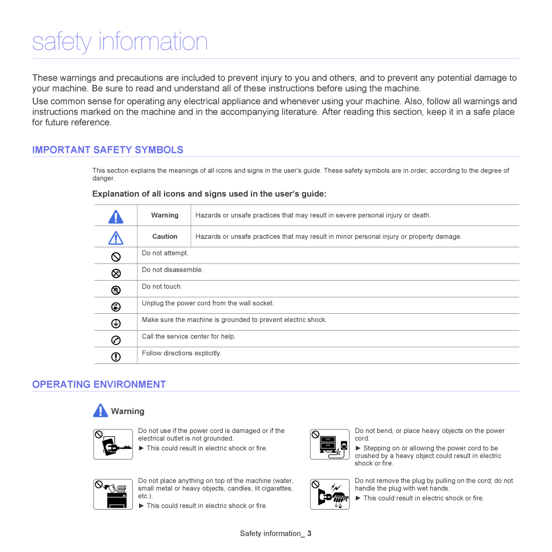 Samsung ML-167X manual safety information, Important Safety Symbols, Operating Environment 