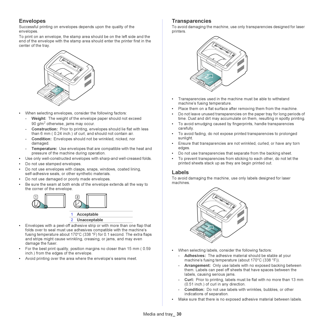 Samsung ML-167X manual Envelopes, Transparencies, Labels, Media and tray, Acceptable 2 Unacceptable 