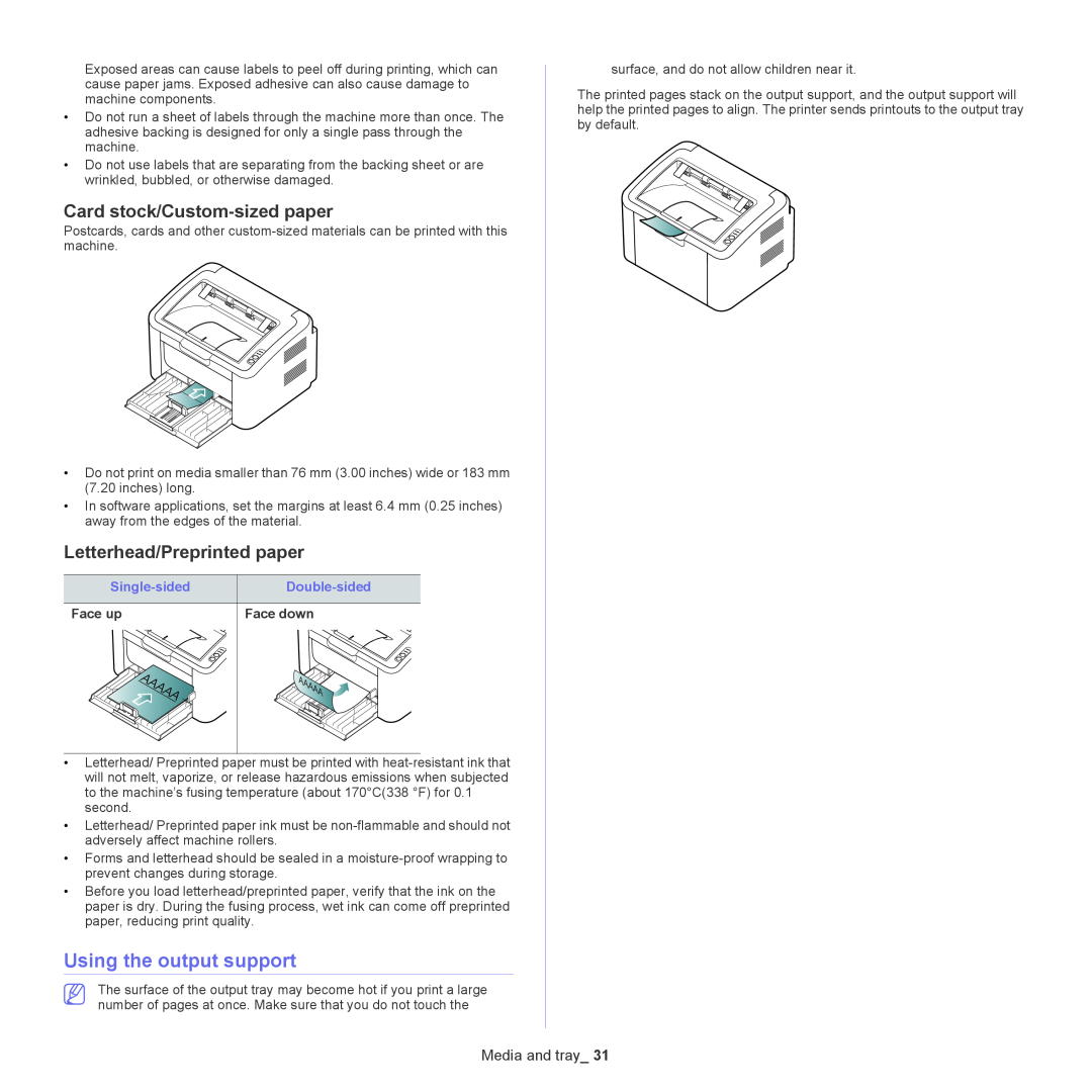 Samsung ML-167X manual Using the output support, Card stock/Custom-sized paper, Letterhead/Preprinted paper, Media and tray 