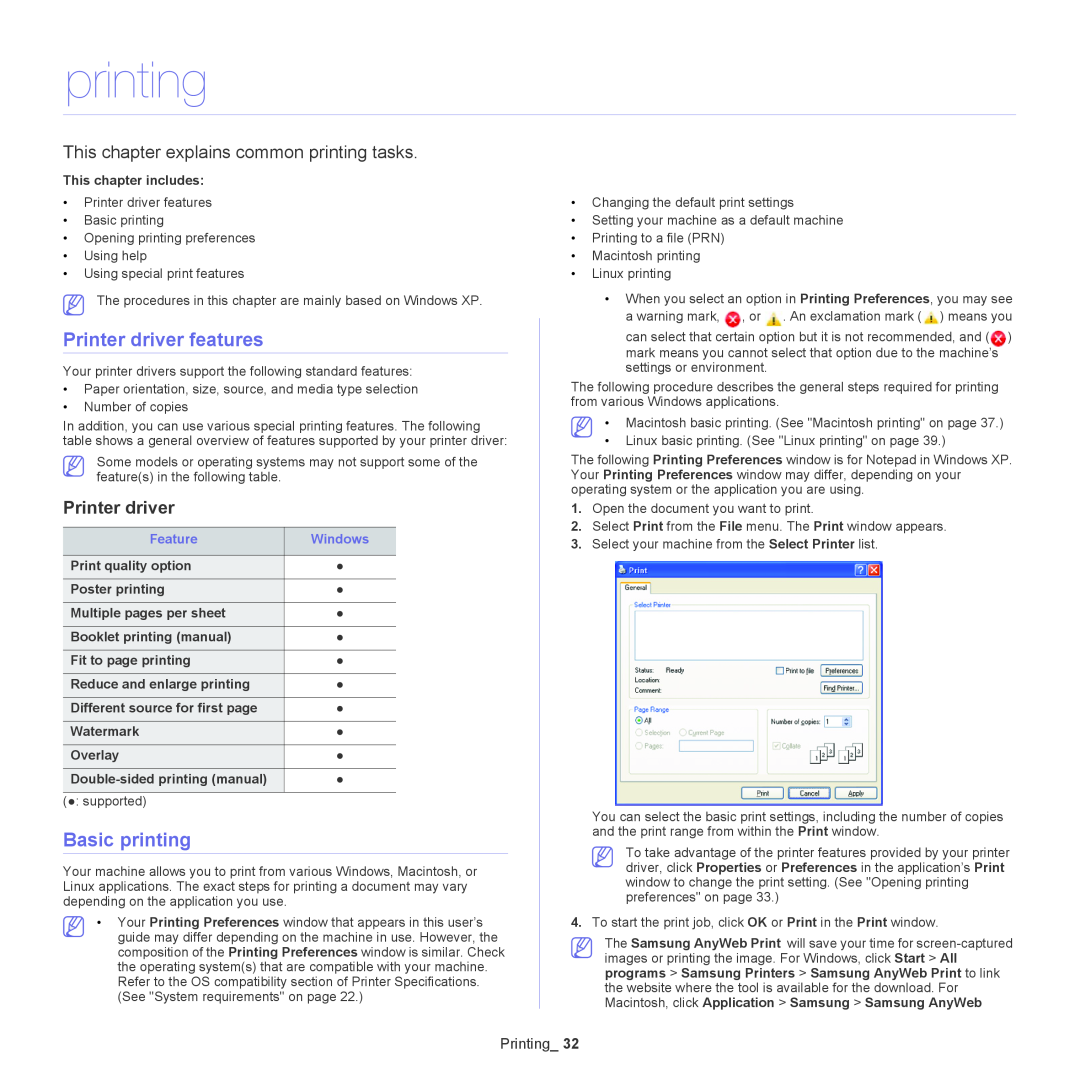 Samsung ML-167X manual Printer driver features, Basic printing, This chapter explains common printing tasks, Printing 