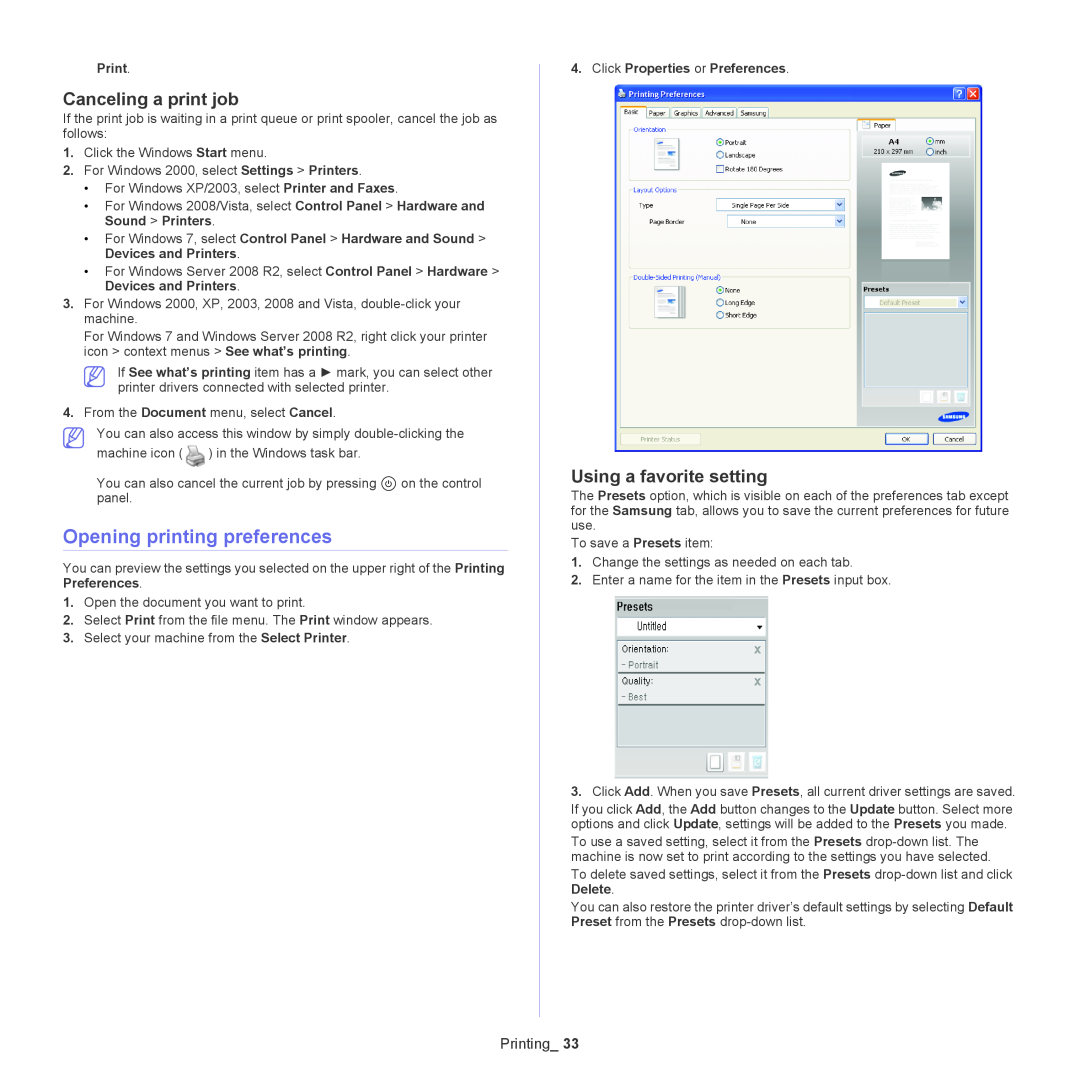 Samsung ML-167X manual Opening printing preferences, Canceling a print job, Using a favorite setting, Printing 