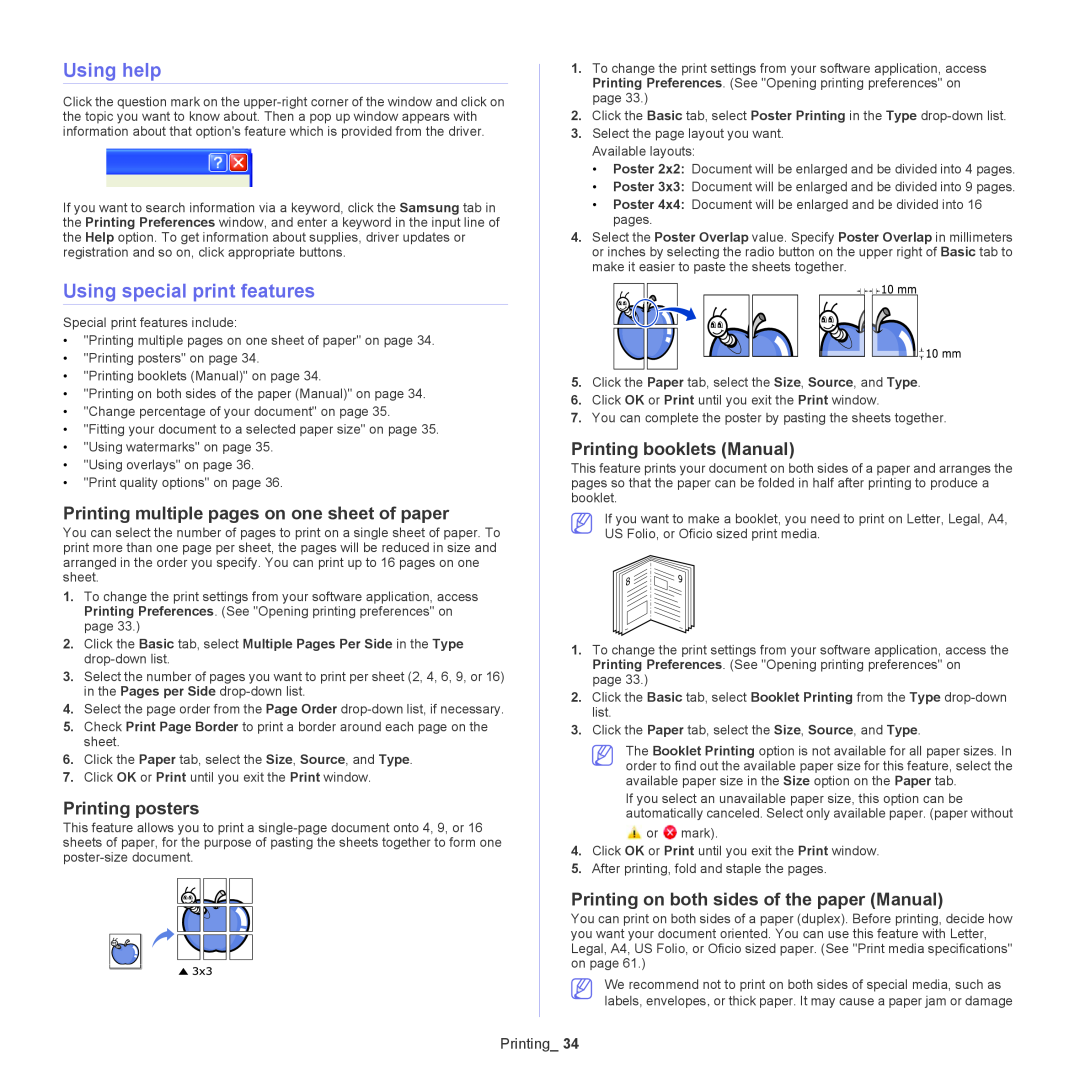 Samsung ML-167X Using help, Using special print features, Printing multiple pages on one sheet of paper, Printing posters 