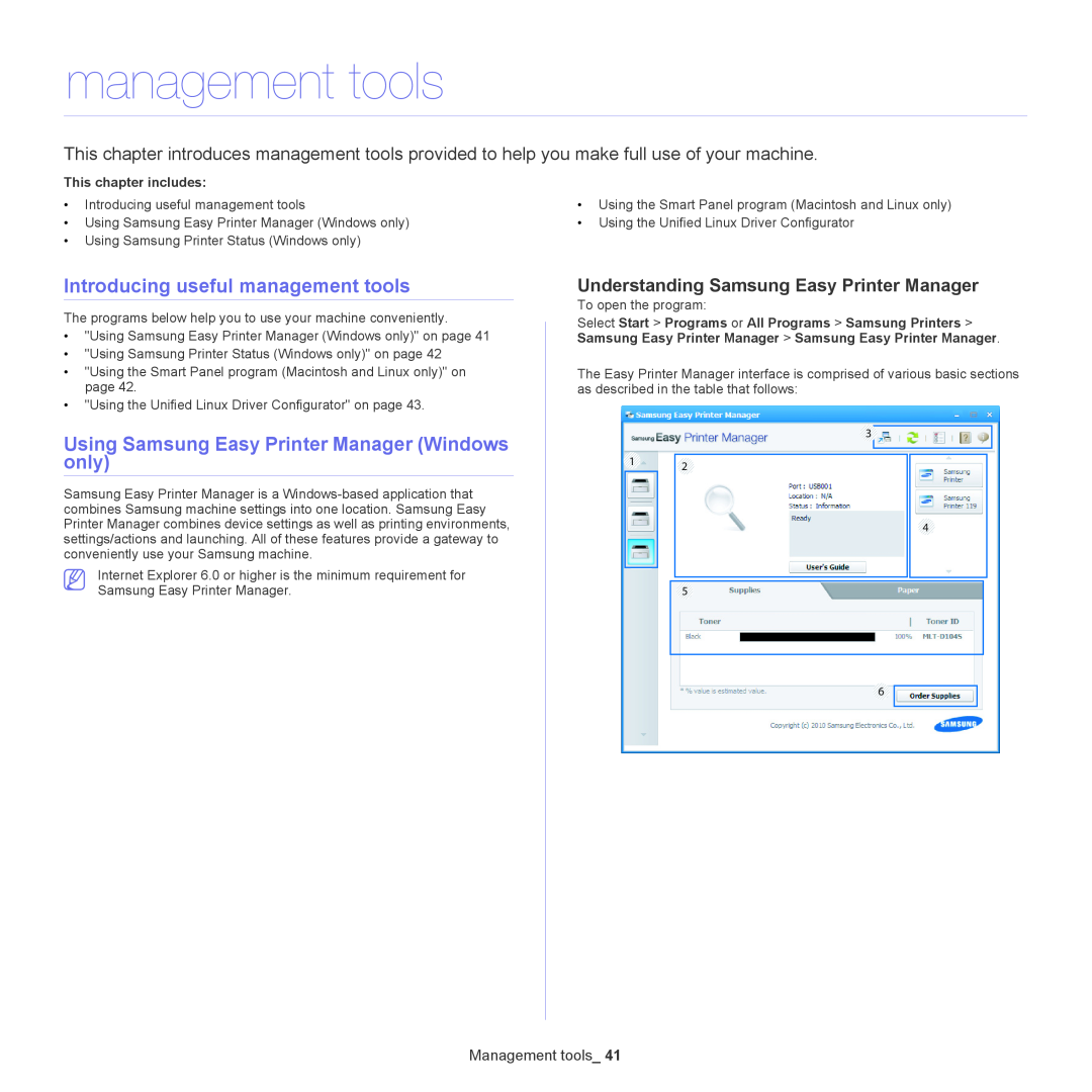 Samsung ML-167X Introducing useful management tools, Using Samsung Easy Printer Manager Windows only, Management tools 