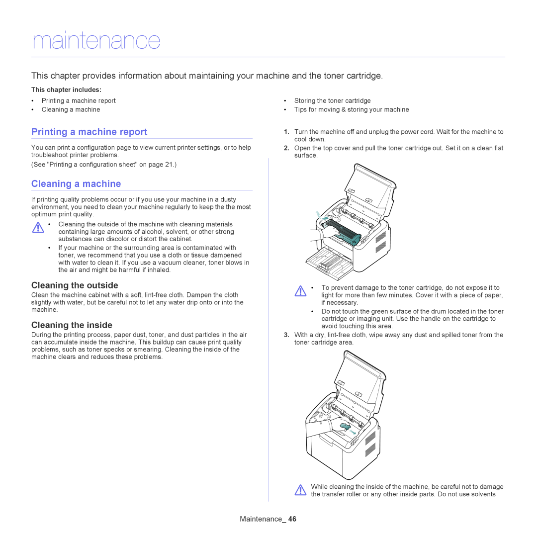 Samsung ML-167X maintenance, Printing a machine report, Cleaning a machine, Cleaning the outside, Cleaning the inside 