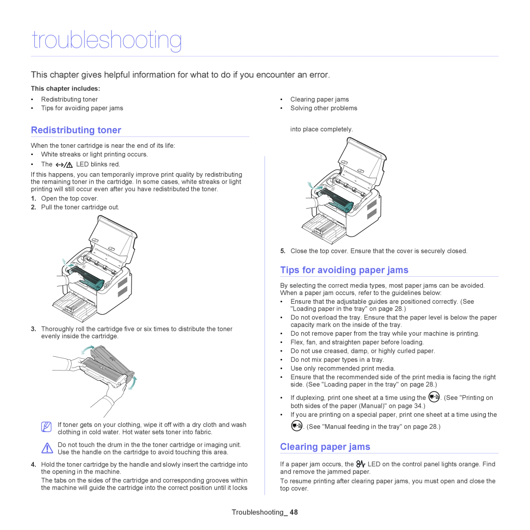 Samsung ML-167X troubleshooting, Redistributing toner, Tips for avoiding paper jams, Clearing paper jams, Troubleshooting 