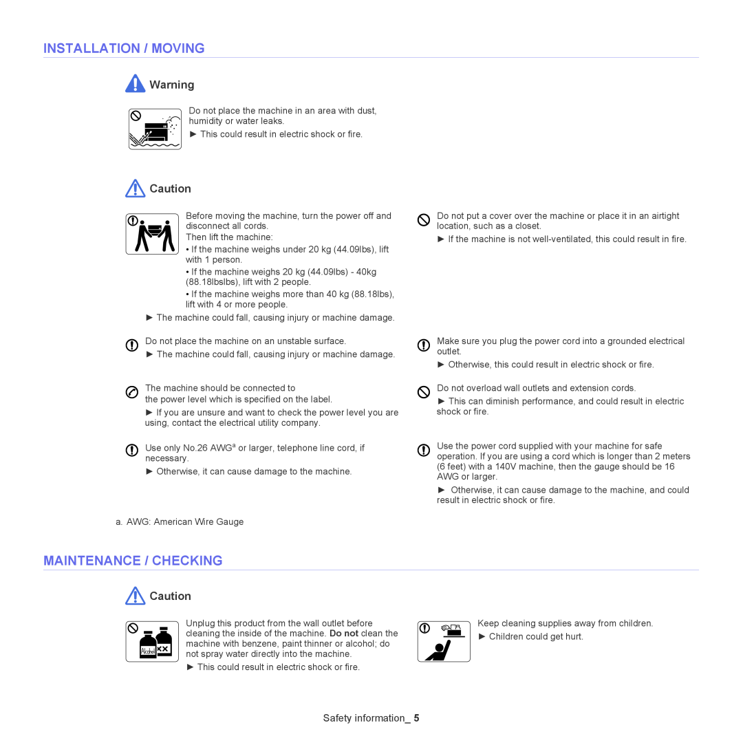 Samsung ML-167X manual Installation / Moving, Maintenance / Checking, Safety information 