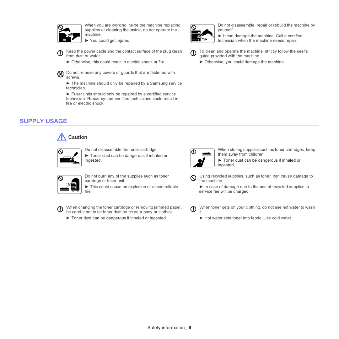 Samsung ML-167X manual Supply Usage, Safety information 