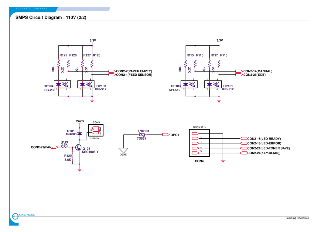 Samsung ML-1700 specifications Smps Circuit Diagram 110V 2/2, CON2-14MANUAL CON2-25EXIT 