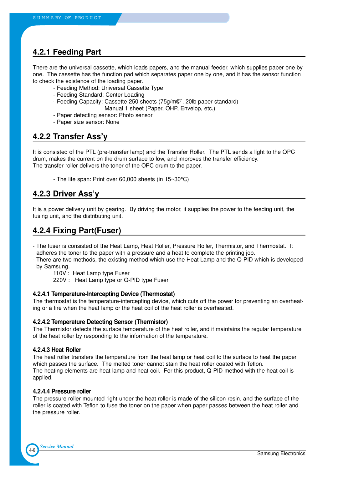 Samsung ML-1700 specifications Feeding Part, Transfer Ass’y, Driver Ass’y, Fixing PartFuser 