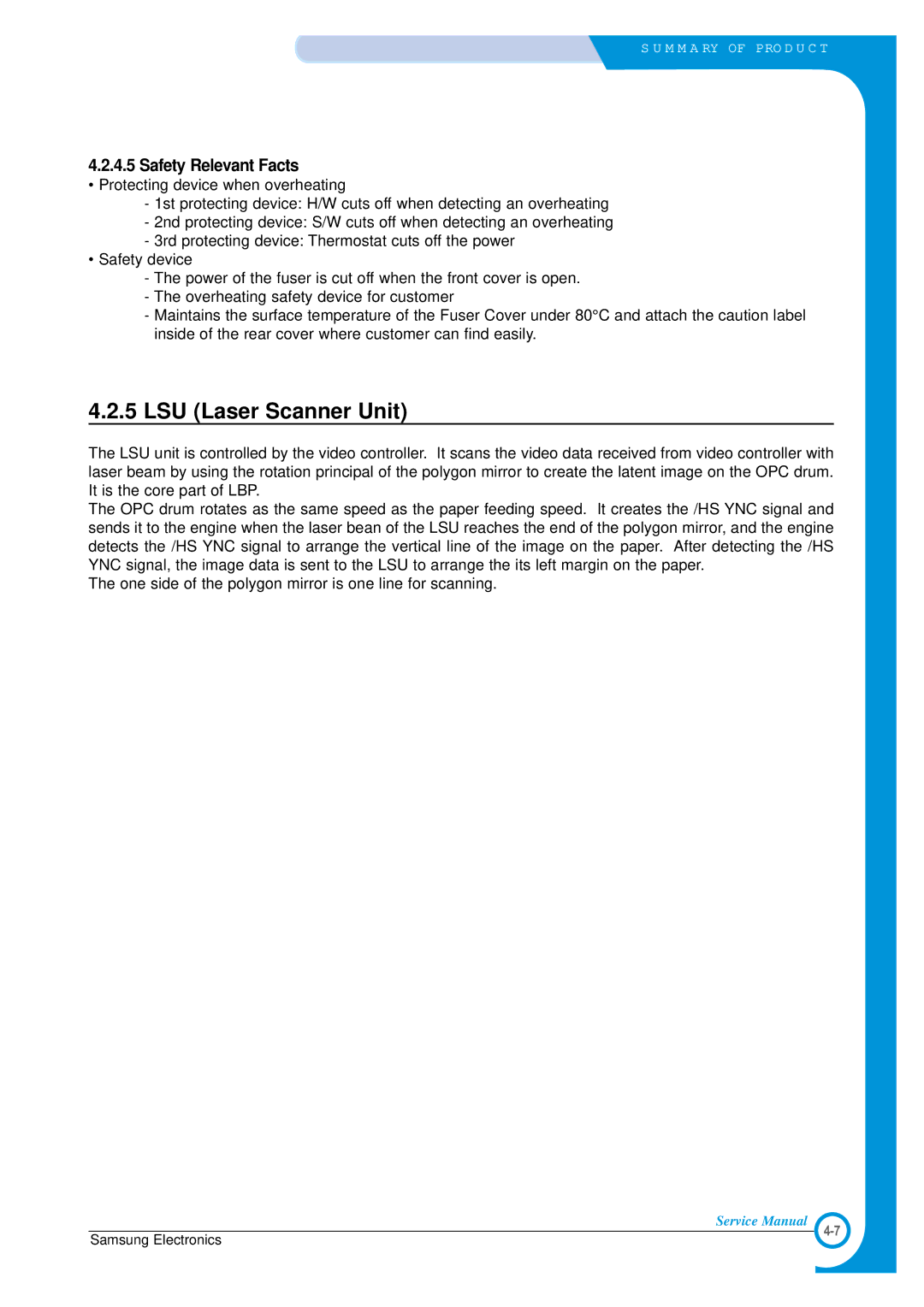 Samsung ML-1700 specifications LSU Laser Scanner Unit, Safety Relevant Facts 