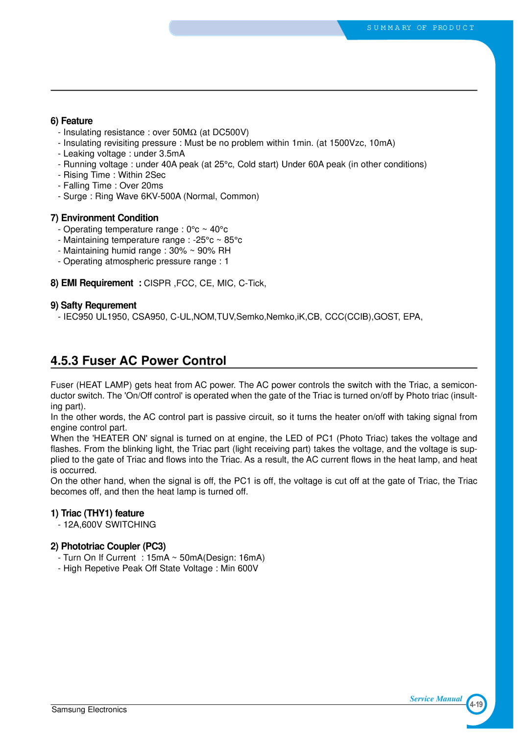 Samsung ML-1700 specifications Fuser AC Power Control 