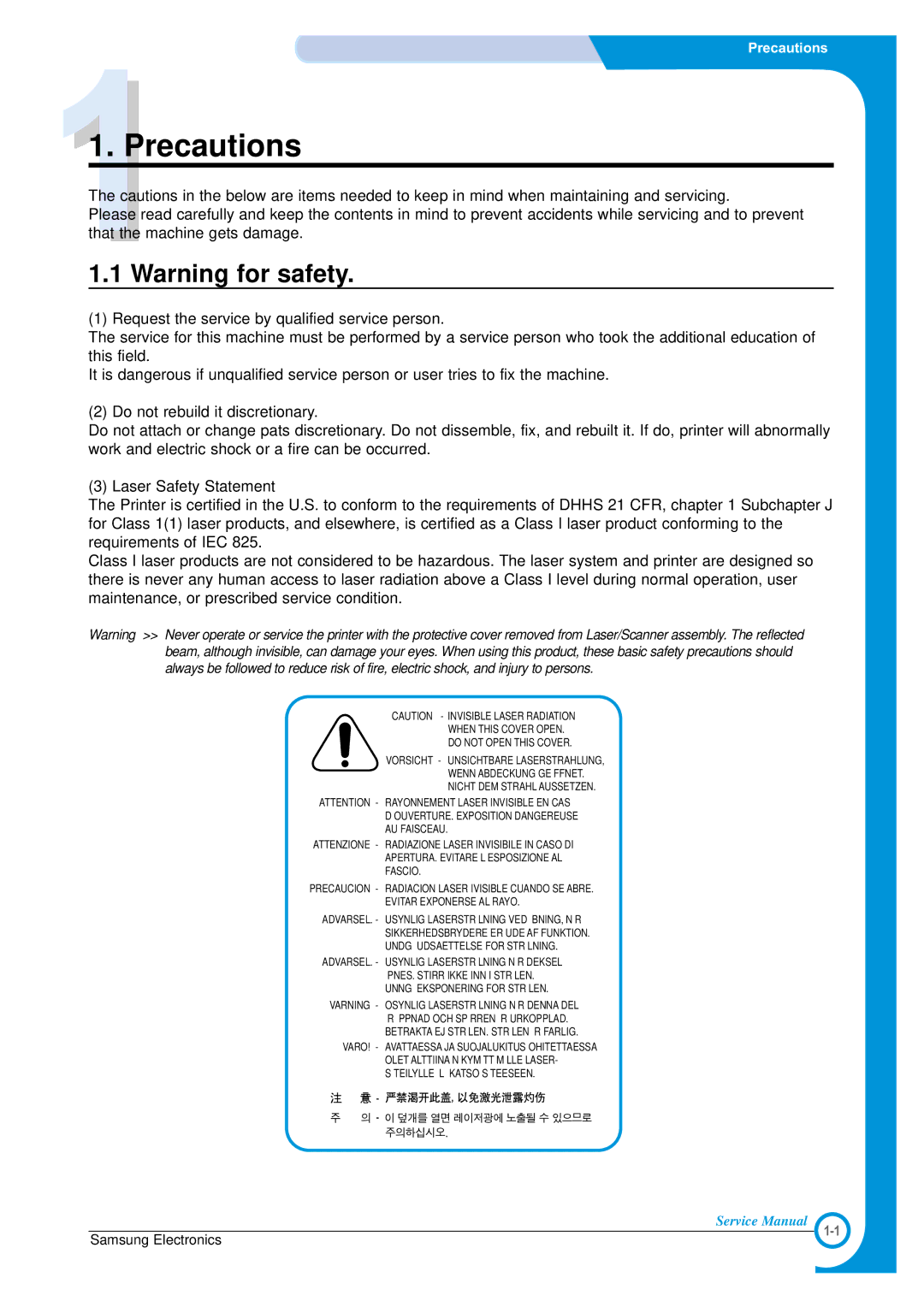 Samsung ML-1700 specifications Precautions 