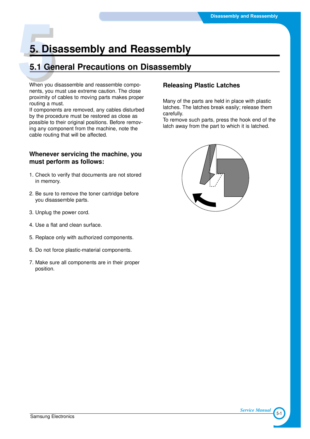 Samsung ML-1700 specifications General Precautions on Disassembly, Releasing Plastic Latches 