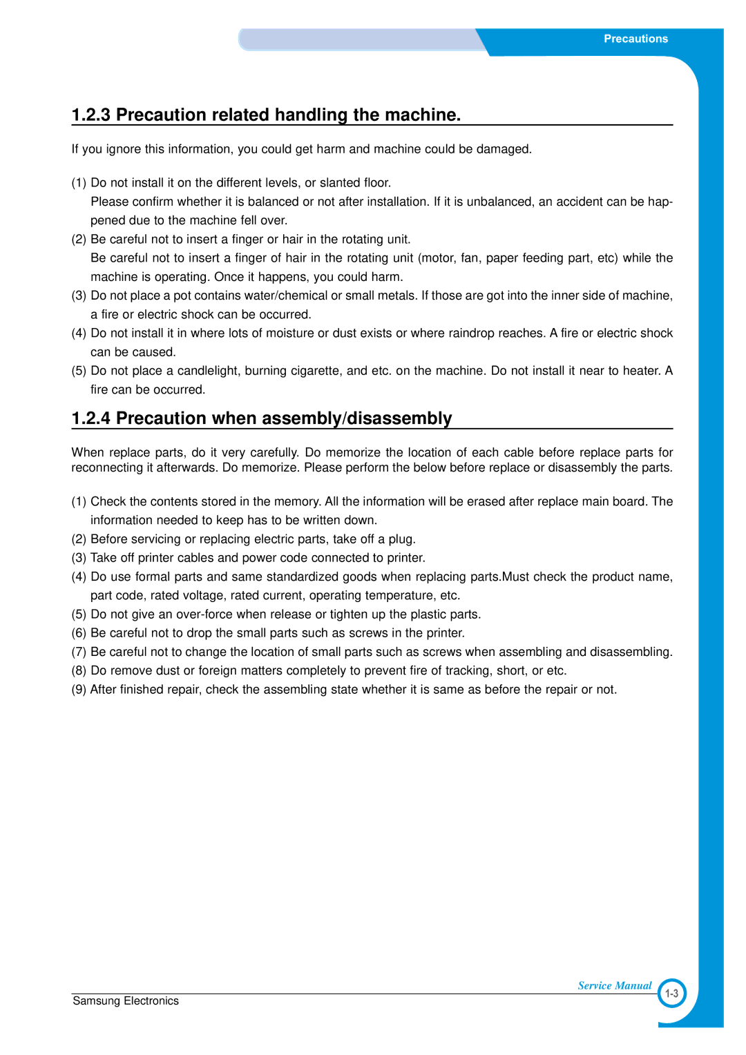 Samsung ML-1700 specifications Precaution related handling the machine, Precaution when assembly/disassembly 