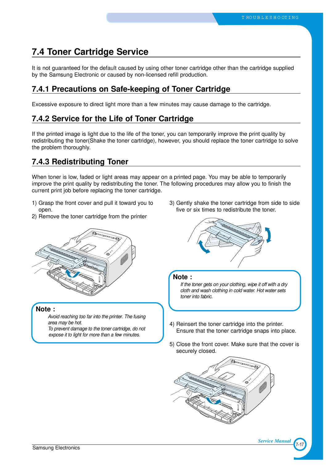 Samsung ML-1700 Toner Cartridge Service, Precautions on Safe-keeping of Toner Cartridge, Redistributing Toner 