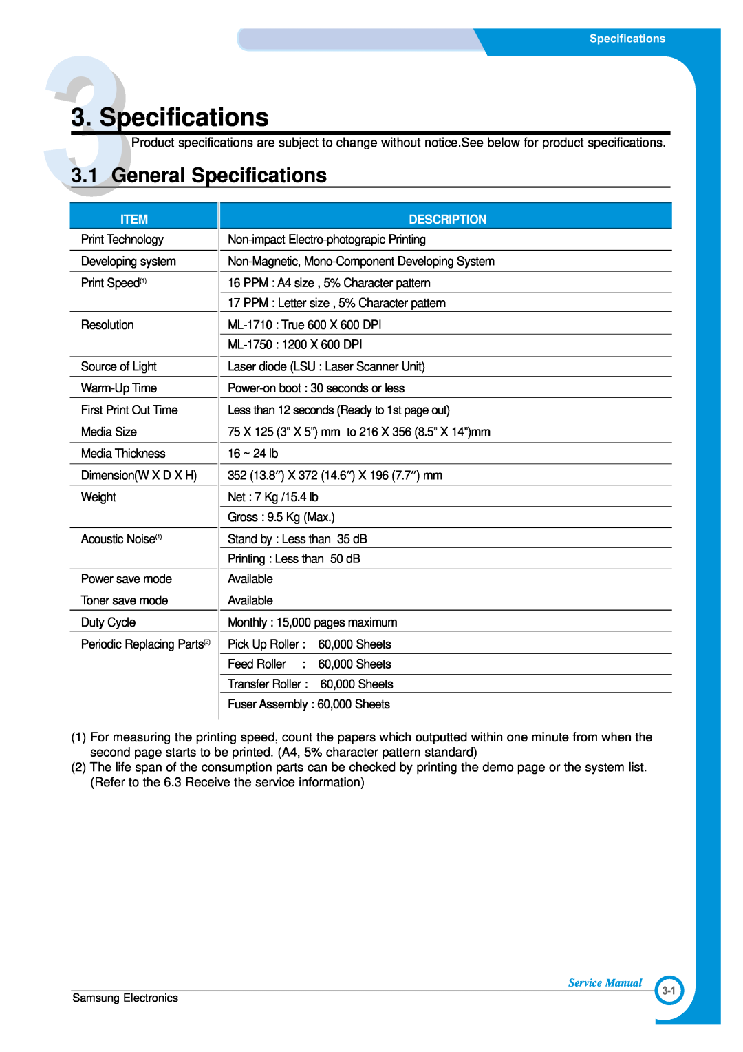 Samsung ML-1700 specifications General Specifications, Description 