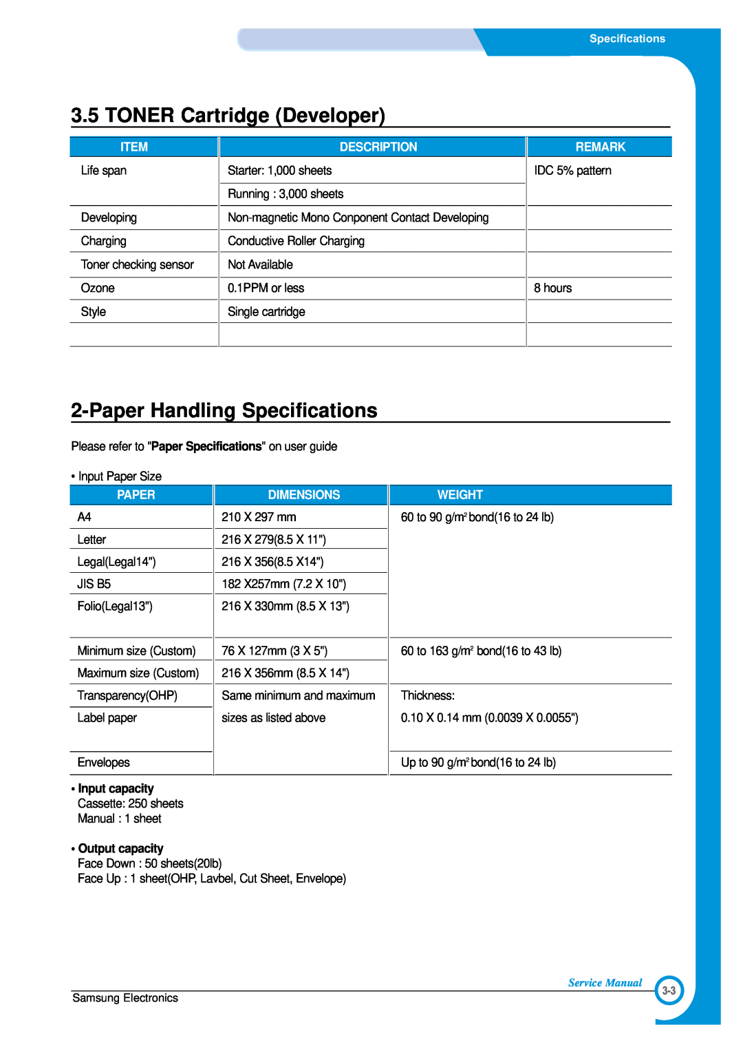 Samsung ML-1700 TONER Cartridge Developer, Paper Handling Specifications, Description, Remark, Dimensions, Weight 