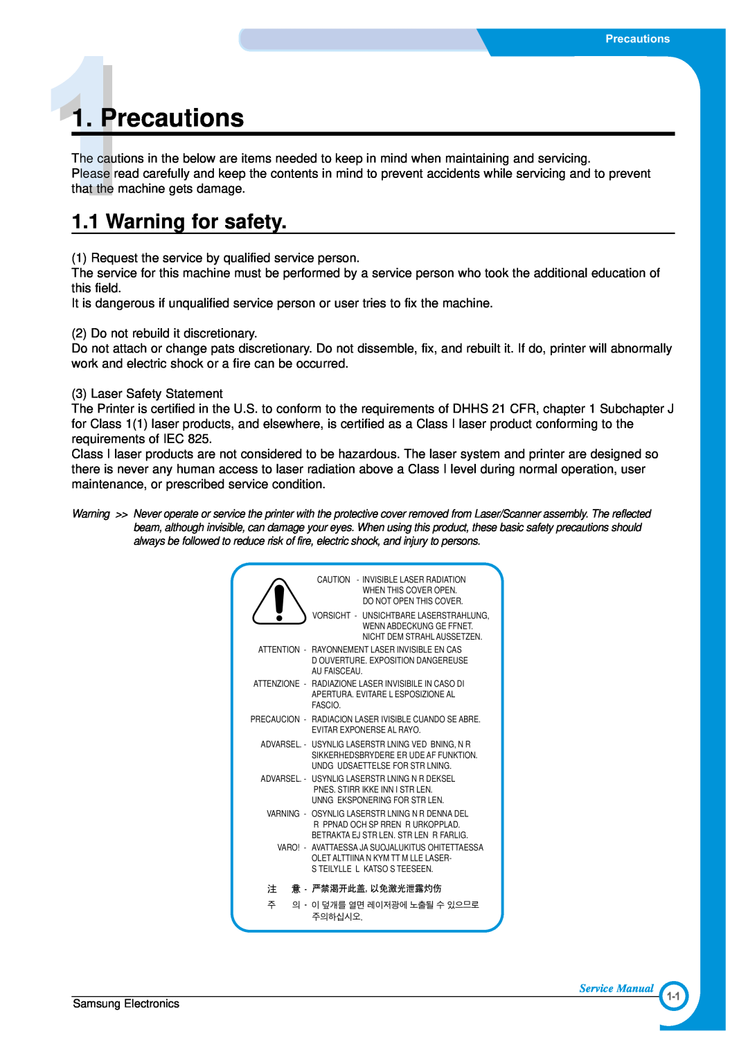 Samsung ML-1700 specifications Precautions, Warning for safety 