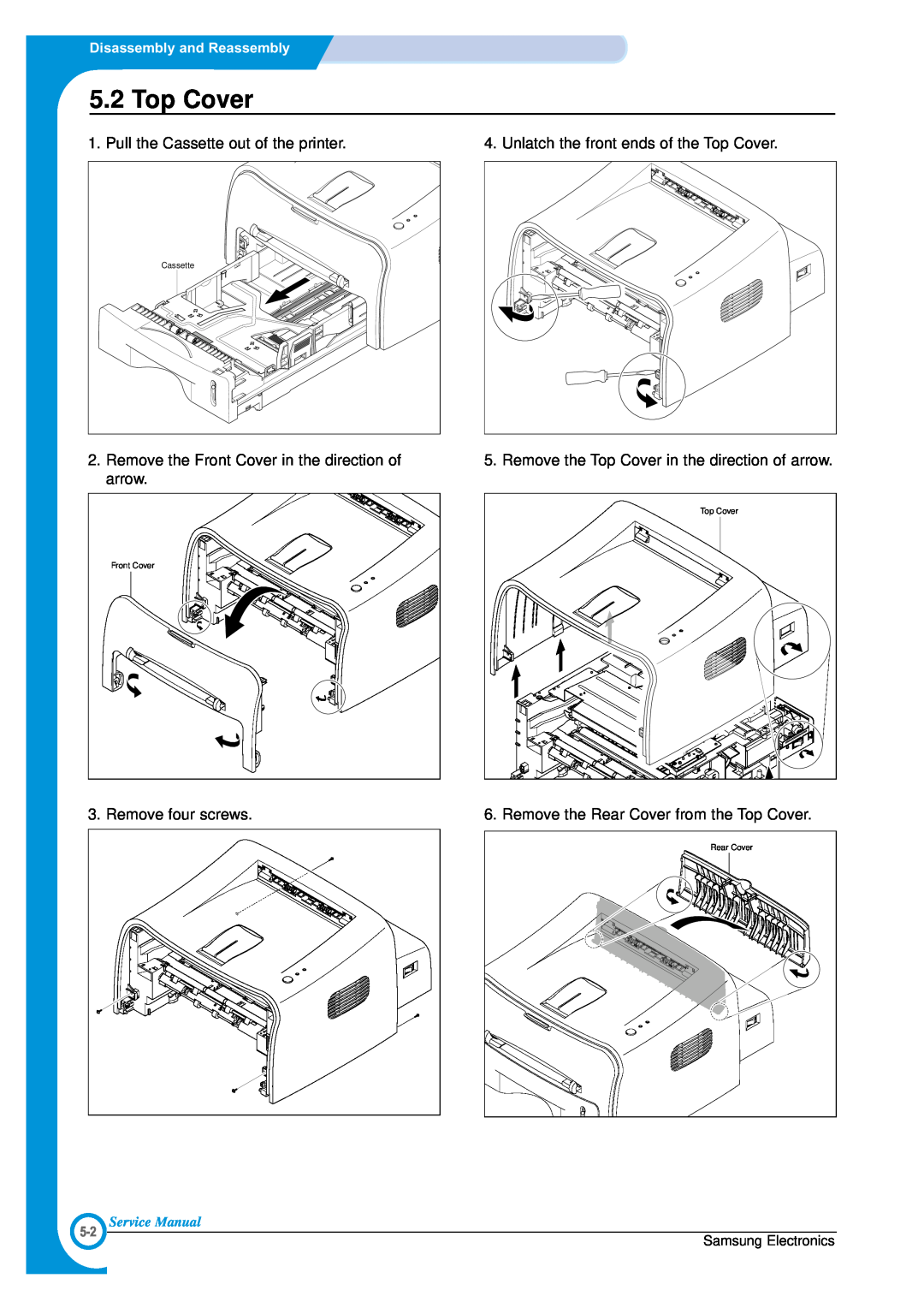 Samsung ML-1700 Top Cover, Disassembly and Reassembly, Service Manual, Samsung Electronics, Cassette, Front Cover 