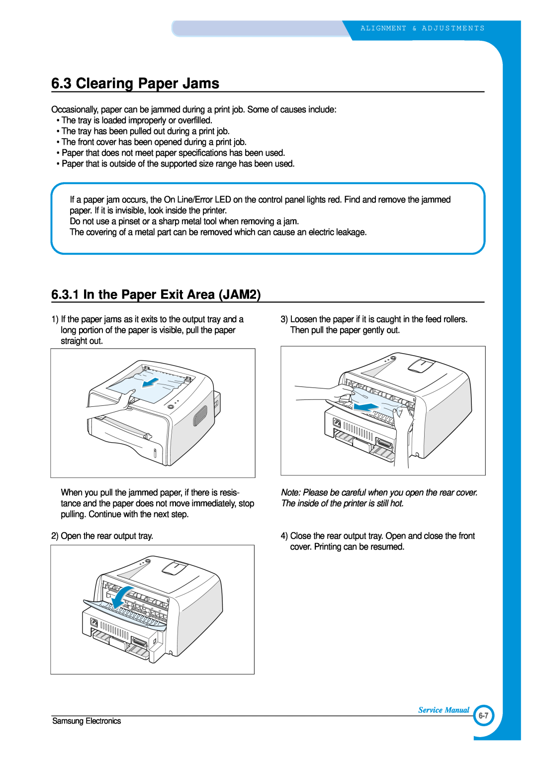 Samsung ML-1700 specifications Clearing Paper Jams, In the Paper Exit Area JAM2 