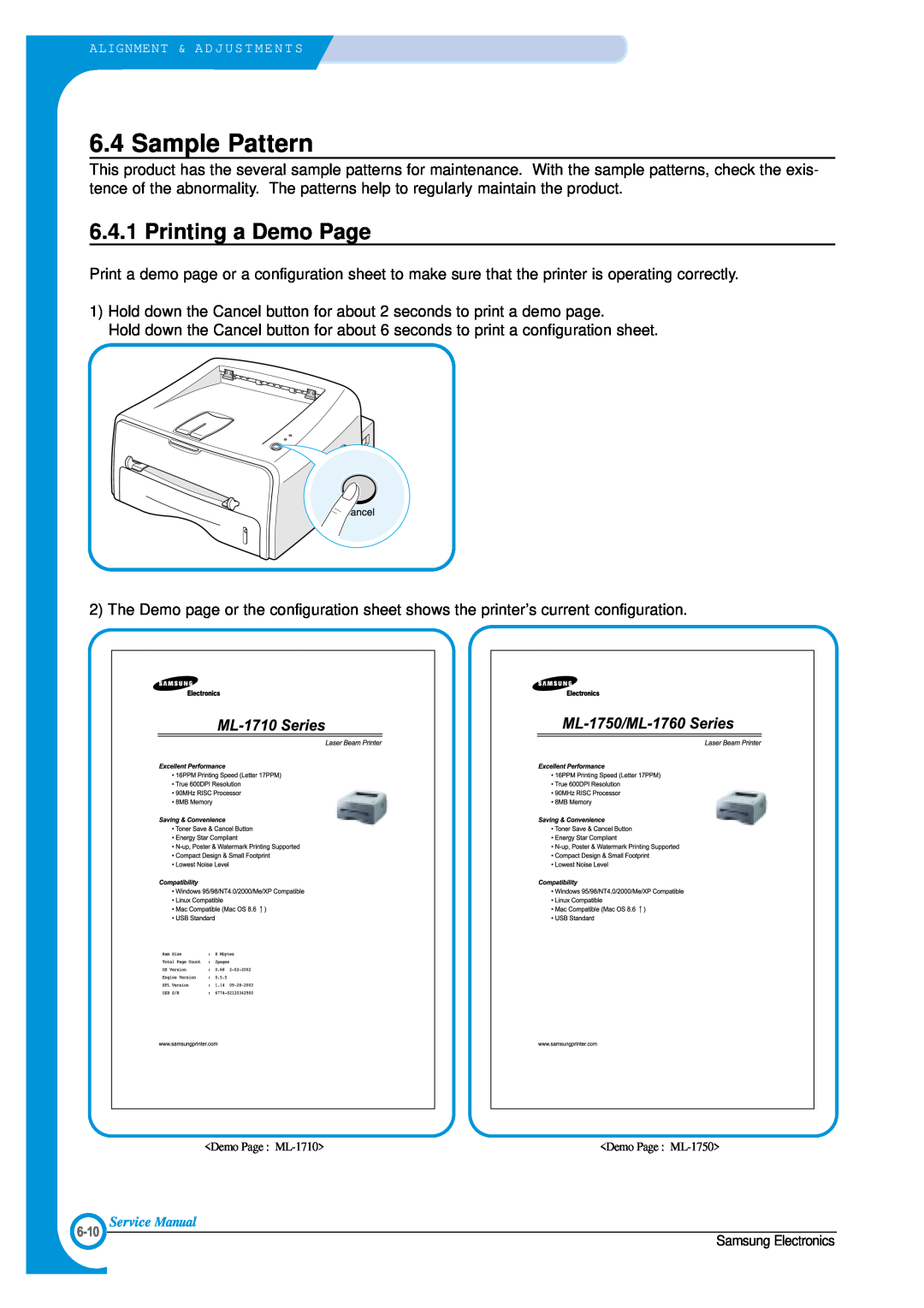 Samsung ML-1700 specifications Sample Pattern, Printing a Demo Page 