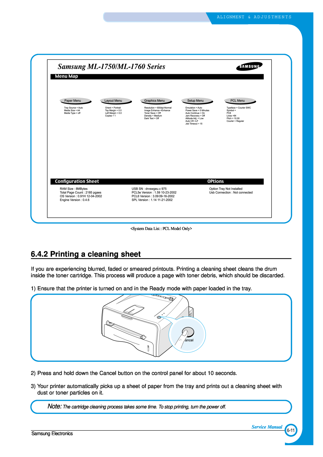 Samsung ML-1700 specifications Printing a cleaning sheet, System Data List PCL Model Only 