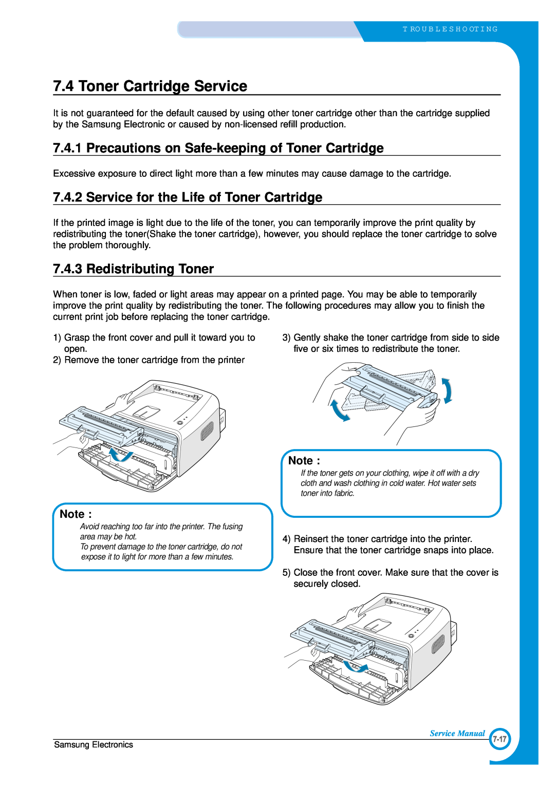 Samsung ML-1700 Toner Cartridge Service, Precautions on Safe-keeping of Toner Cartridge, Redistributing Toner 