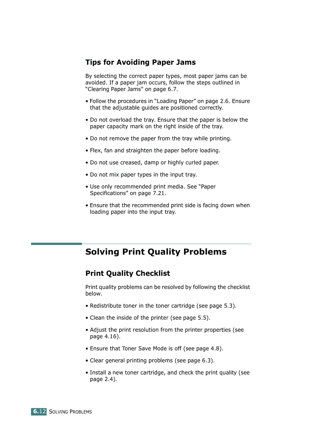 Samsung ML-1710 manual Solving Print Quality Problems, Tips for Avoiding Paper Jams, Print Quality Checklist 