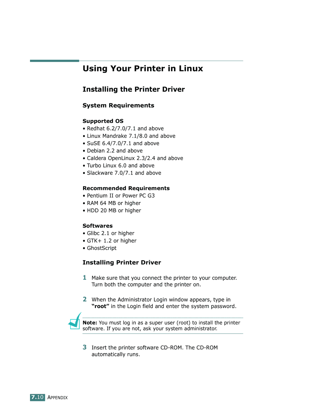 Samsung ML-1710 manual Using Your Printer in Linux, Installing the Printer Driver, Installing Printer Driver 