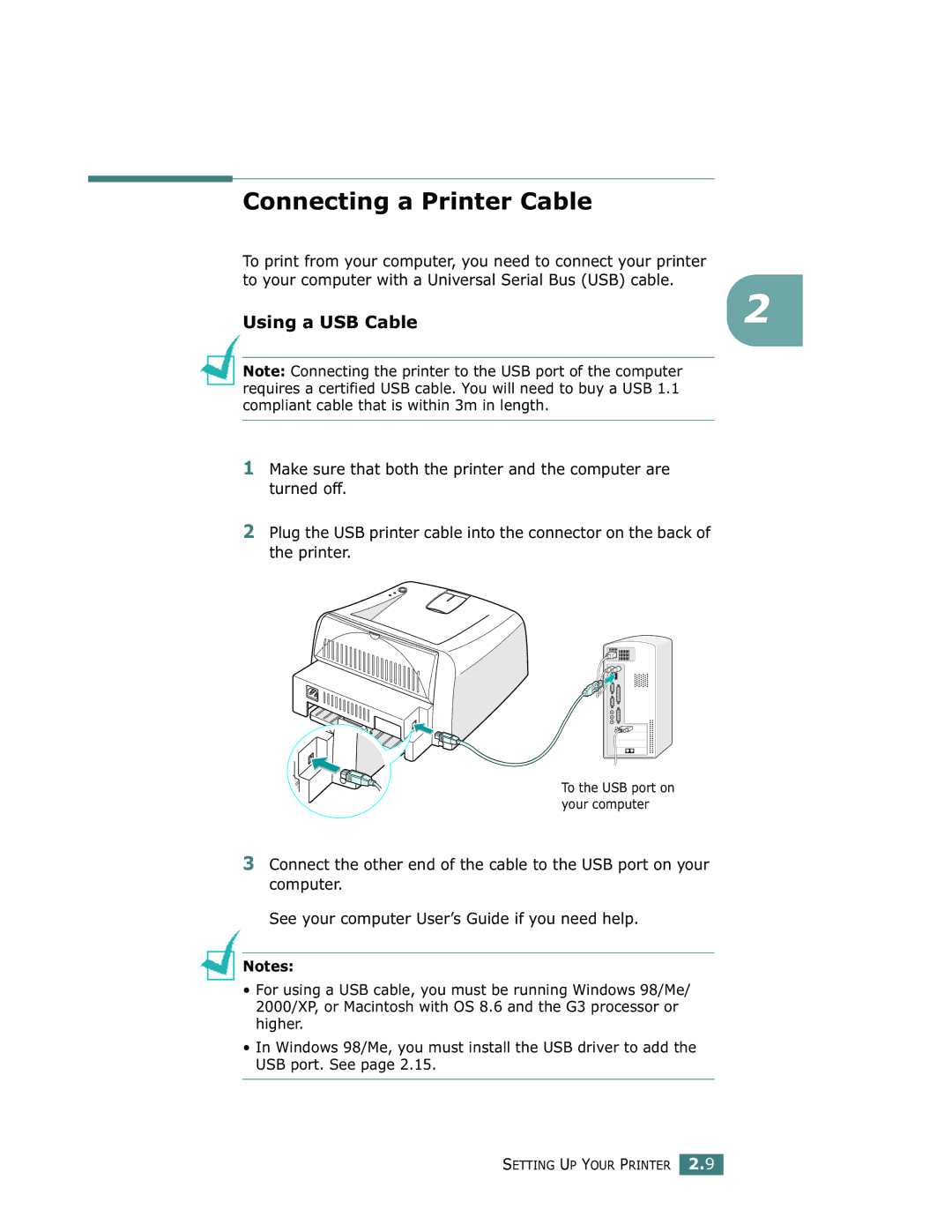 Samsung ML-1710 Connecting a Printer Cable, Using a USB Cable, To your computer with a Universal Serial Bus USB cable 